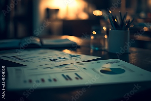 Workspace scene with focus on printed charts, summary sheets, and bullet-point meeting plans on a dark tabletop 