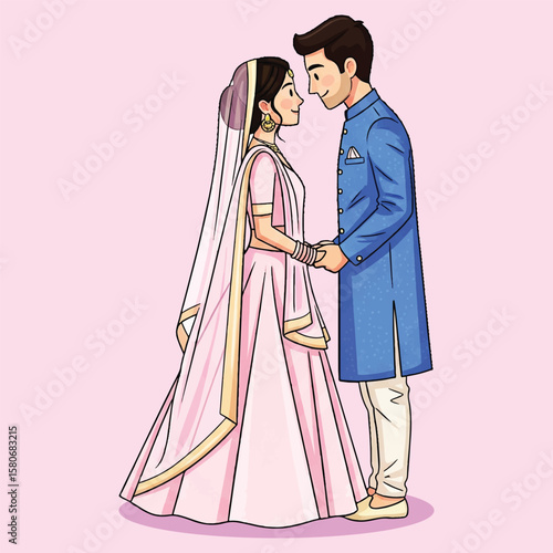 Romantic Indian Wedding Couple Illustration – Bride in Light Pink Lehenga and Groom in Blue Sherwani Holding Hands