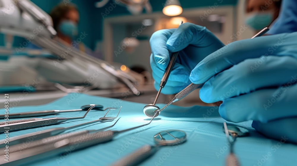 Fototapeta premium Close up of dental instruments held by a dentist with protective gloves in a bright surgery setting ready for use