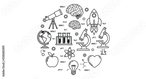 Science Education Icons Black Outline Set on White Background

