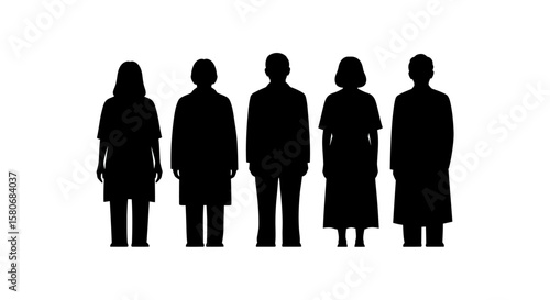 Silhouettes of Diverse People Standing in Row on White Background
