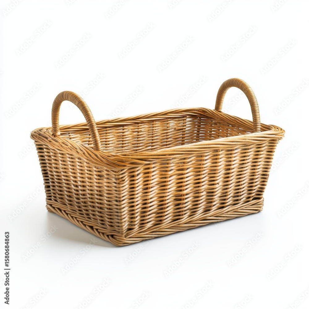 Obraz premium Rectangular woven wicker basket with two handles isolated on white background