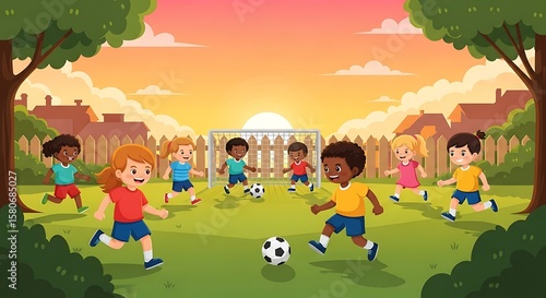 A group of diverse children playing soccer on a sunny, grassy field during sunset.