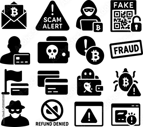 Collection of black and white icons representing cryptocurrency scams fraud phishing and security warnings with bitcoin symbols and warning signs