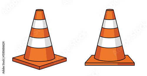 A vector illustration showing two orange traffic cones with white reflective stripes, designed for road safety and construction warnings