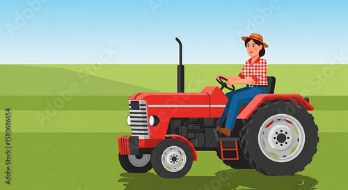 A female farmer drives a red tractor across a green field under a blue sky.