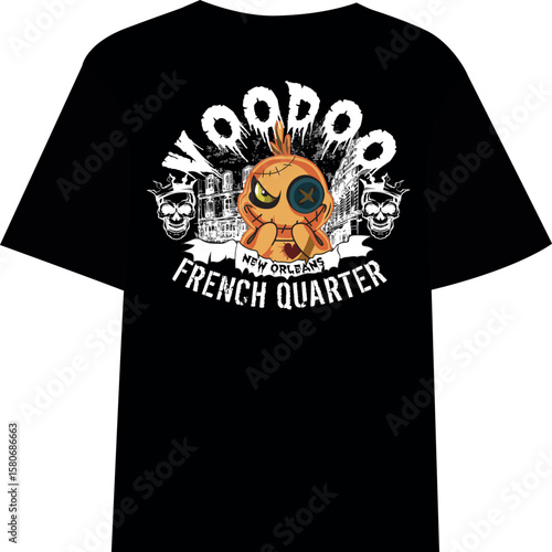VOODOO FRENCH QUARTER logo with t-shirt design, doll sketch design,
