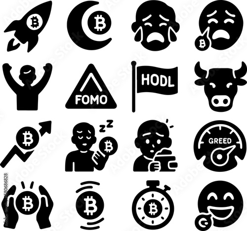Collection of black cryptocurrency icons representing bitcoin trading emotions and concepts like mooning fomo hodl bull market and greed