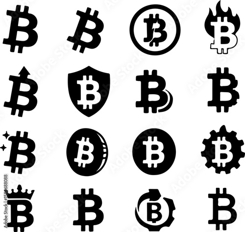 Collection of diverse black bitcoin cryptocurrency symbols and icons on a clean white background representing various aspects of digital finance and investment