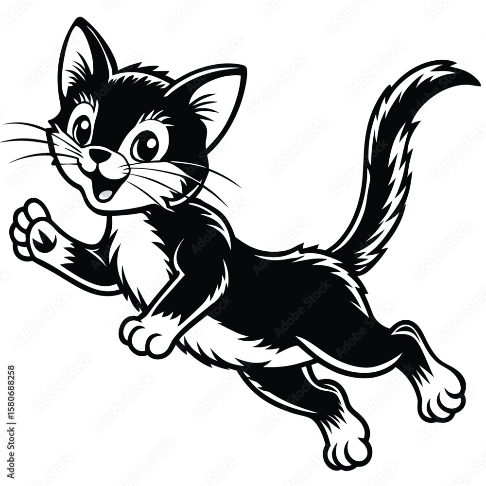 Obraz premium Playful cartoon black and white cat jumping with happy expression silhouette
