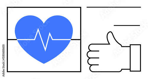Blue heart with ECG line highlights health, accompanied by thumbs-up gesture for positivity. Ideal for healthcare, wellness, approval, heart health, positivity, medical technology, simple landing