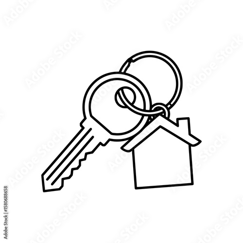 Outline Vector of Keychain with Key and House Pendant Symbolizing Home, Security, or Ownership