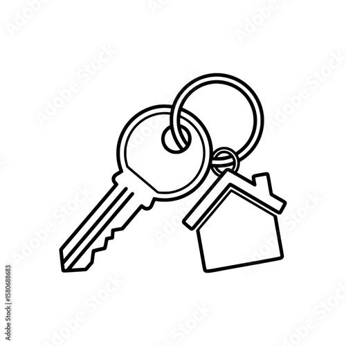 Outline Vector of Keychain with Key and House Pendant Symbolizing Home, Security, or Ownership
