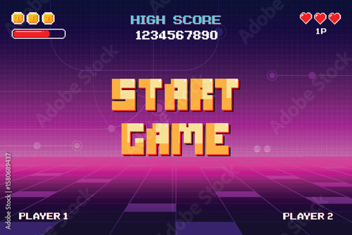 START GAME. pixel art .8 bit game. retro video game. for game assets. Retro Futurism Sci-Fi Background. glowing neon grid and star from vintage arcade computer games