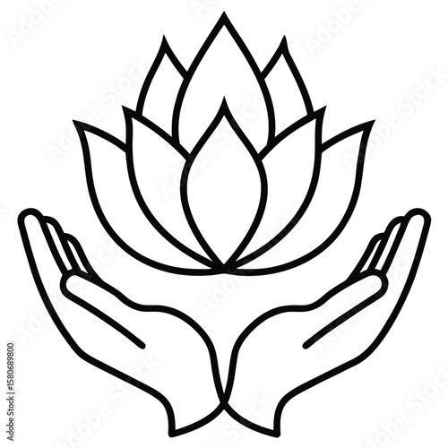 Hands holding a blossoming lotus flower in a clean line art silhouette style