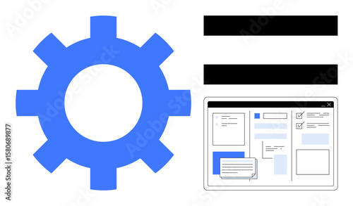 Blue gear, parallel bars, and a stylized web interface representing settings, functionality, automation, and user interface. Ideal for technology, IT, innovation websites software business