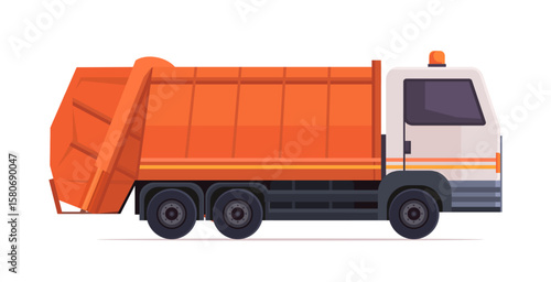  Orange garbage truck isolated on white background. Concept of modern city cleanliness and waste management. Vector illustration Not AI generated