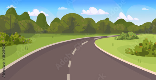 A quiet country road stretching through untouched natural landscape under a clear sky. Vector illustration. Not AI generated