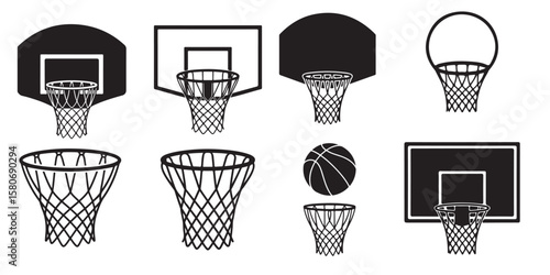 black vector various style Basketball hoop, basketball and goal, net, ring icon silhouettes set