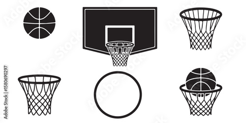 black vector various style Basketball hoop, basketball and goal, net, ring icon silhouettes set
