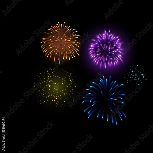 Fireworks salute with shining sparks, festive firecracker salute burst, vector colorful pyrotechnic shimmering explosion