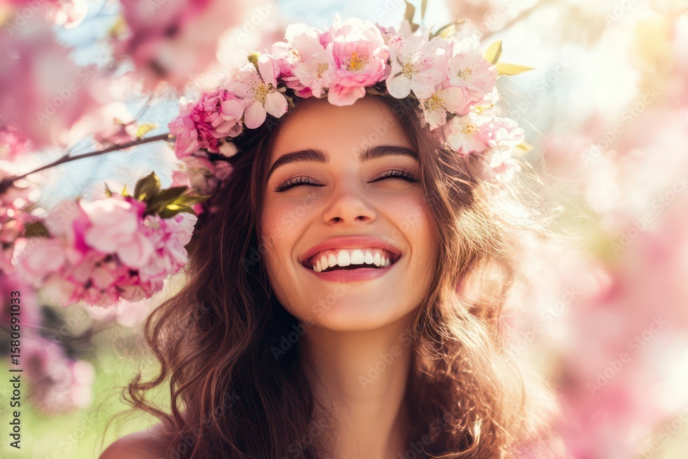 Young woman laughing with flower crown in spring Young woman laughing with flower crown in spring