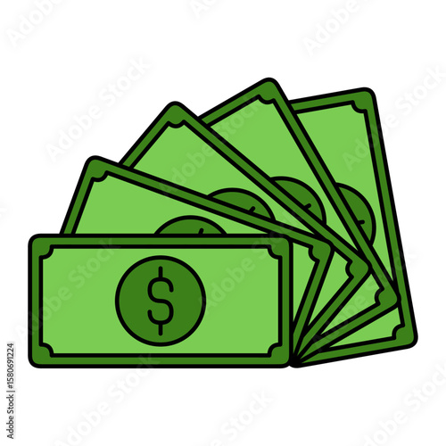 a bunch of green dollar money arranged in a fan shape. simple flat cartoon style with black outline. perfect for financial themes such as income, salary, saving, investment, or payment.