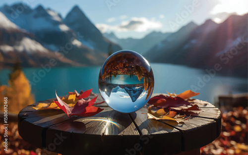 The glass ball is perfectly spherical and reflects the sky and surrounding scenery, creating a mirror-like effect 