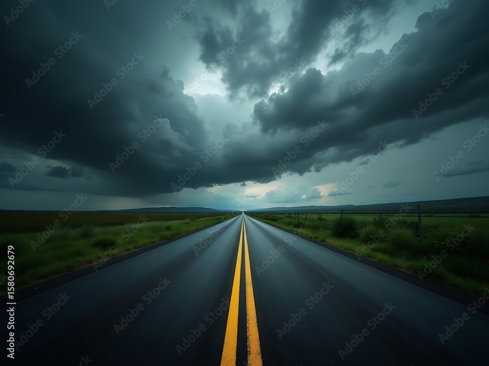 Naklejka premium Stormy weather road trip scenic drive asphalt highway yellow lines ominous clouds nature landscape travel 