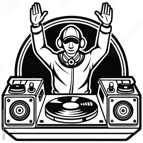 Dj playing music with hands up in the air silhouette