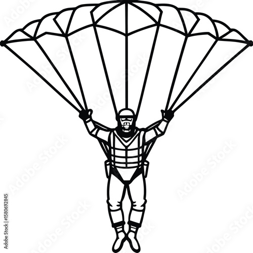 Skydiver descending with parachute open and arms outstretched silhouette