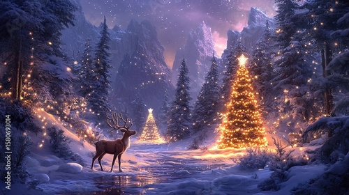 Magical winter scene with a Christmas tree