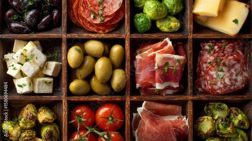 Antipasti Grid Background. Collage of Meats and Cheeses in Square Layout