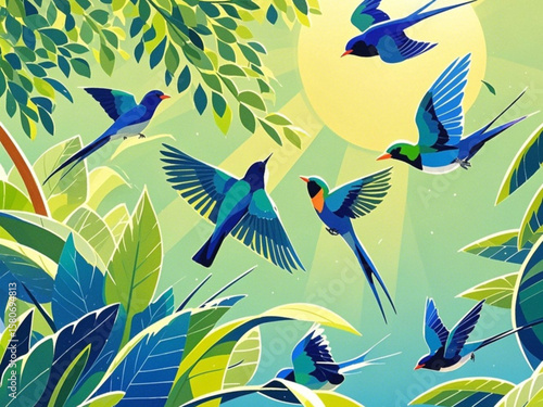 birds flying around in the trees on a sunny day.