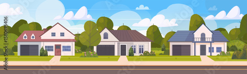 Town panorama with road, sidewalk, houses in urban residential district. Suburb village landscape. Suburban lifestyle  calm streets, nature, and residential charm. Vector Not AI generated