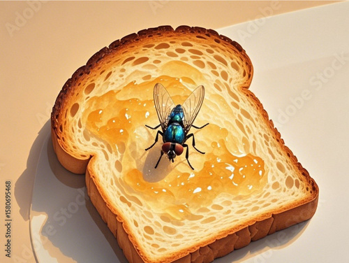 a fly really enjoys walking on the edge of toast.