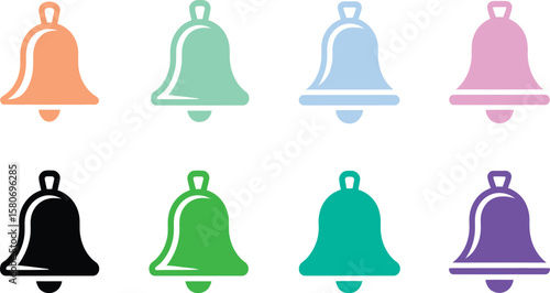 Eight bell icons arranged in two rows on a white background displaying different bell shapes