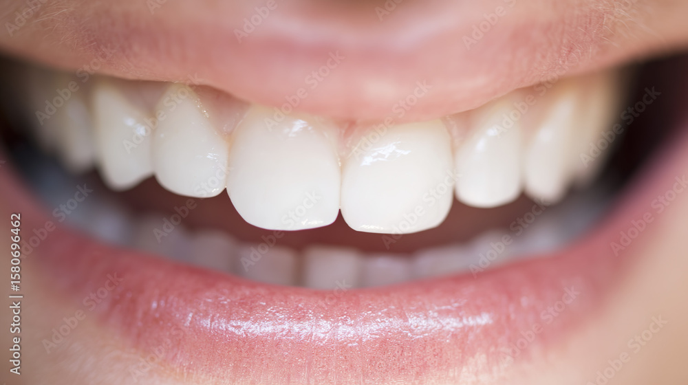 Fototapeta premium A close-up of bright white teeth with a natural smile, softly lit against a clean background.