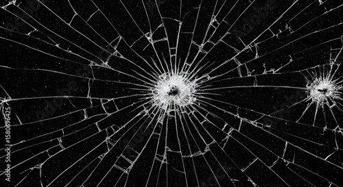 Shattered glass with radial cracks on a black background. Close-up view of the fragmented glass surface. Damaged screen texture. suitable for advertising, editorial, or design use.