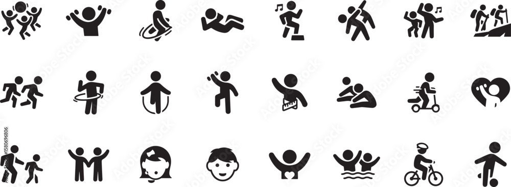 Fototapeta premium Physical Exercise and Workout Icon Set – Fitness, Running, Stretching, Training, Health, Sport, Activity, Athlete, Gym, Movement, Action, Energy, Routine, Icon, Wellness