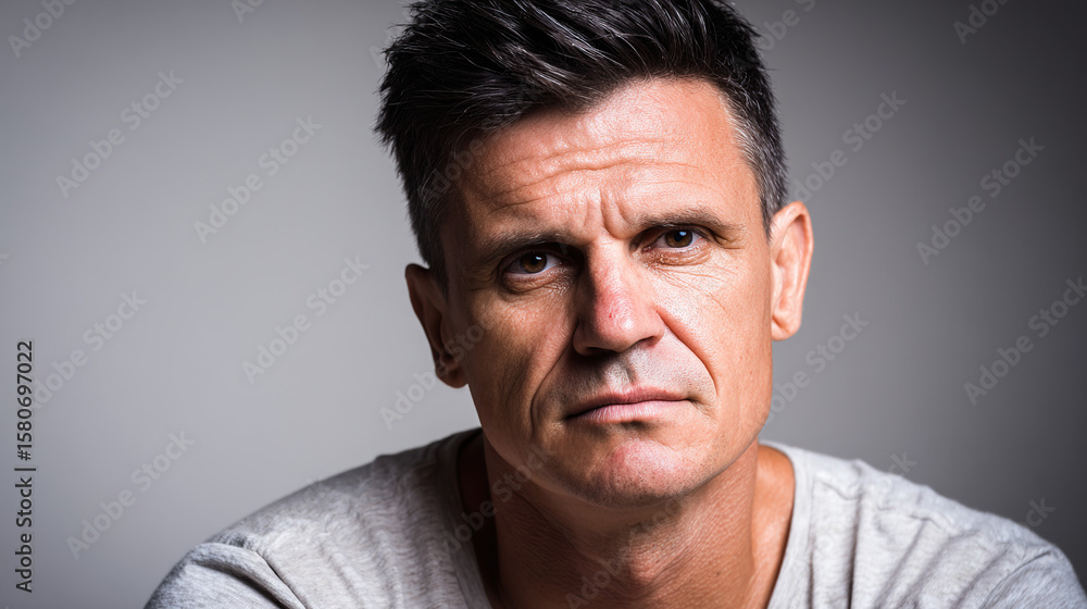 Obraz premium Middle-aged man with a strained expression, warm lighting highlighting his discomfort and tension.