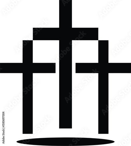 Three black crosses arranged in a stacked formation with a dark oval shape at the bottom center base