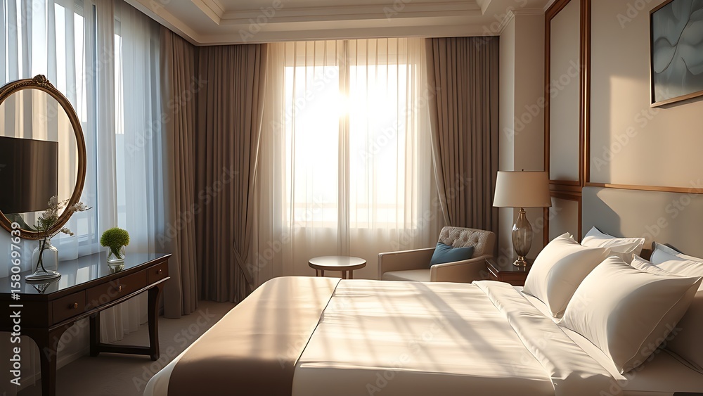 Fototapeta premium A serene hotel bedroom bathed in morning sunlight, featuring a neatly made bed and soft tones.