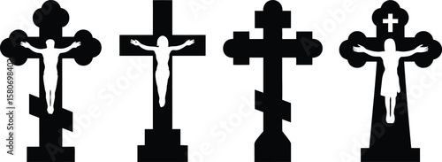 Four black silhouettes of christian crosses with jesus christ on a white background in a horizontal row