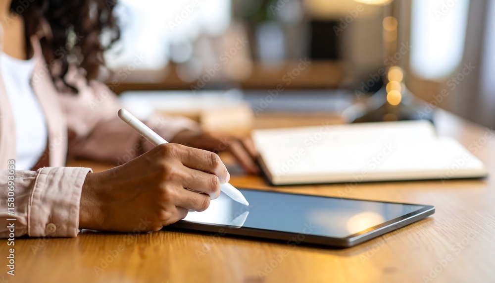 Fototapeta premium Professional Woman Using Stylus on Digital Tablet at Wooden Desk