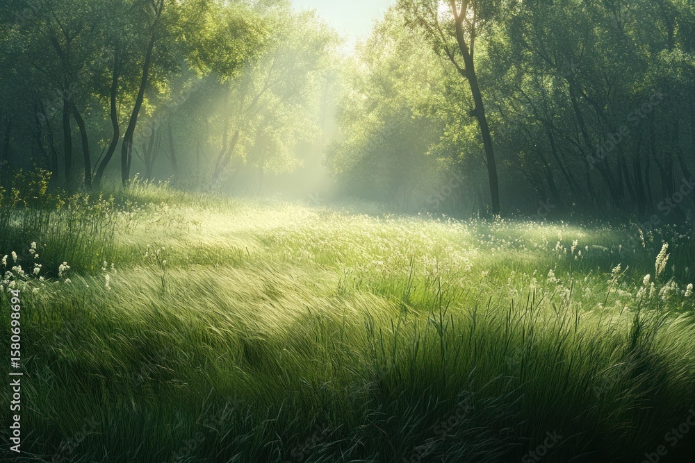 Obraz premium Green grass field in a wide area sunlight green trees.