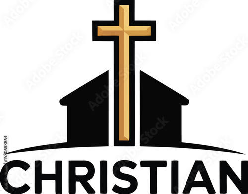 Christian logo with golden cross and church silhouette on a light gray background centered view