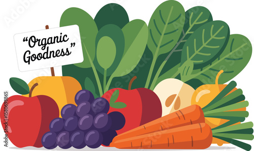 Illustration of organic produce with apples grapes carrots and spinach with a sign saying organic