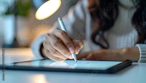 Digital Art Creation Woman's Hand Drawing on Tablet with Stylus Under Warm Light. Creative Digital Art Professional at Work.