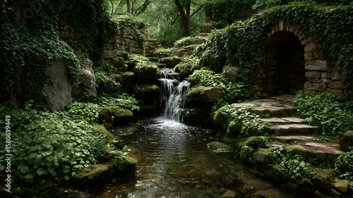 A small waterfall is surrounded by green ivy